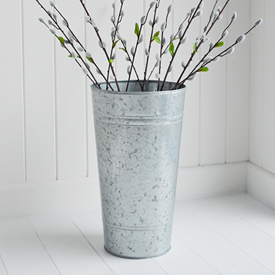 Norfolk zinc galvanised vase or planter for New England coastal and country interiors and home style