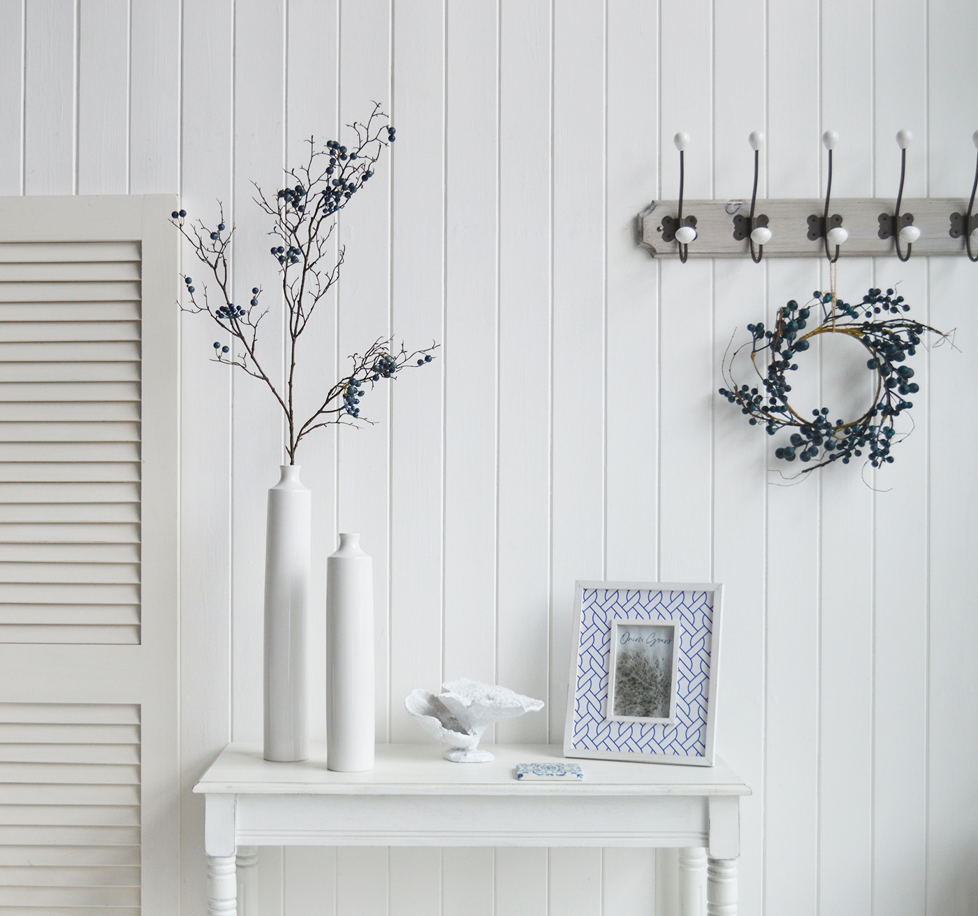 The White Lighthouse. White Furniture and accessories for the home. Artificial Blueberry Wreath. Farmhouse, country and  coastal home accessories for New England style homes