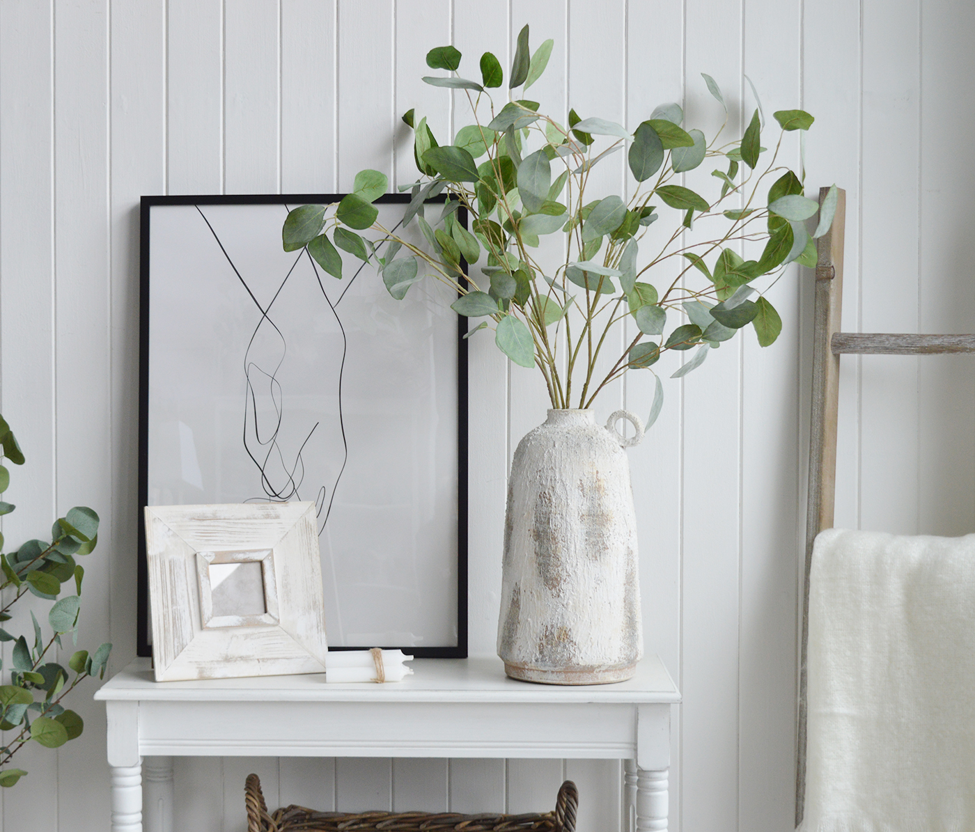 Hamden White Rustic Stone Vase - Console table styling for New England and Hamptons Interiors, New England style furniture and accessories for country, coastal, city and modern farmhouse homes