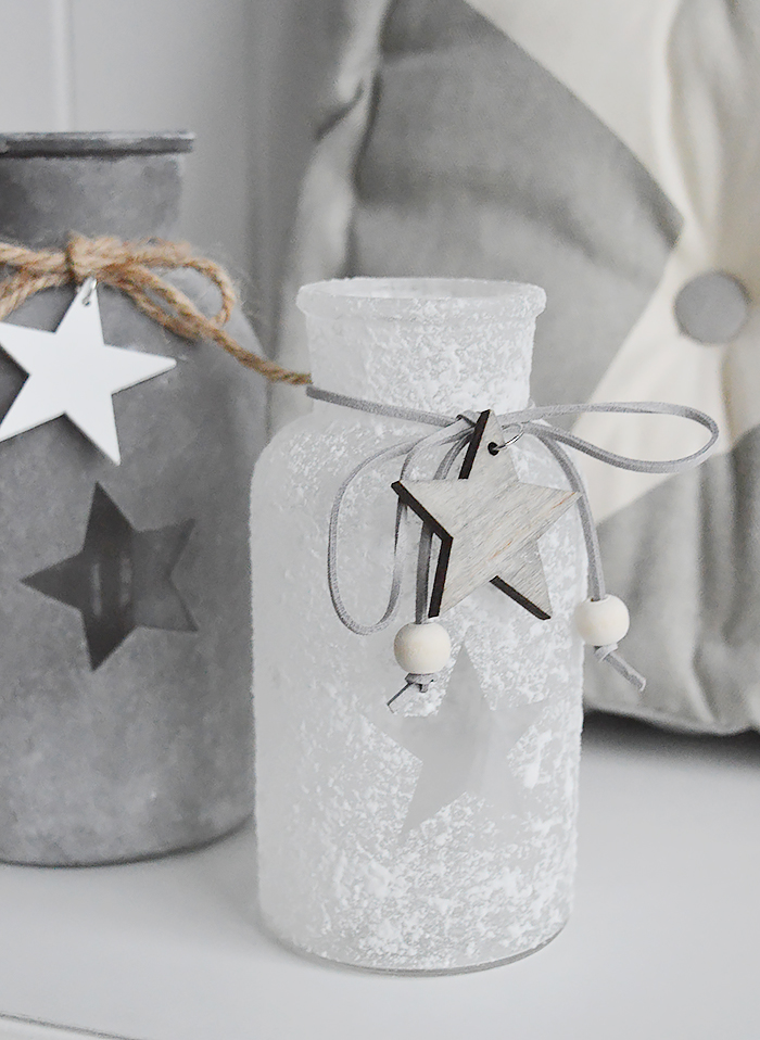 White star glass vases with grey stars from The White Lighthouse Furniture. New England, coastal, country and city home interiors and furniture