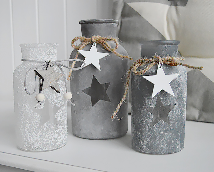 White and grey star glass vases with grey stars from The White Lighthouse Furniture. New England, coastal, country and city home interiors and furniture