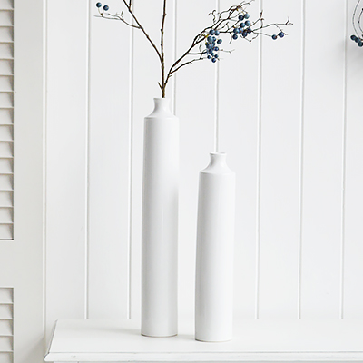 Tall white ceramic vase  stems or our artificial Pussy Willow, Eucalyptus or Olive tree sprigs