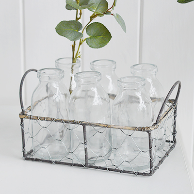 Newbury Small Glass Bud Vase in wire Tray from The White Lighthouse coastal, New England and country furniture and home decor accessories UK