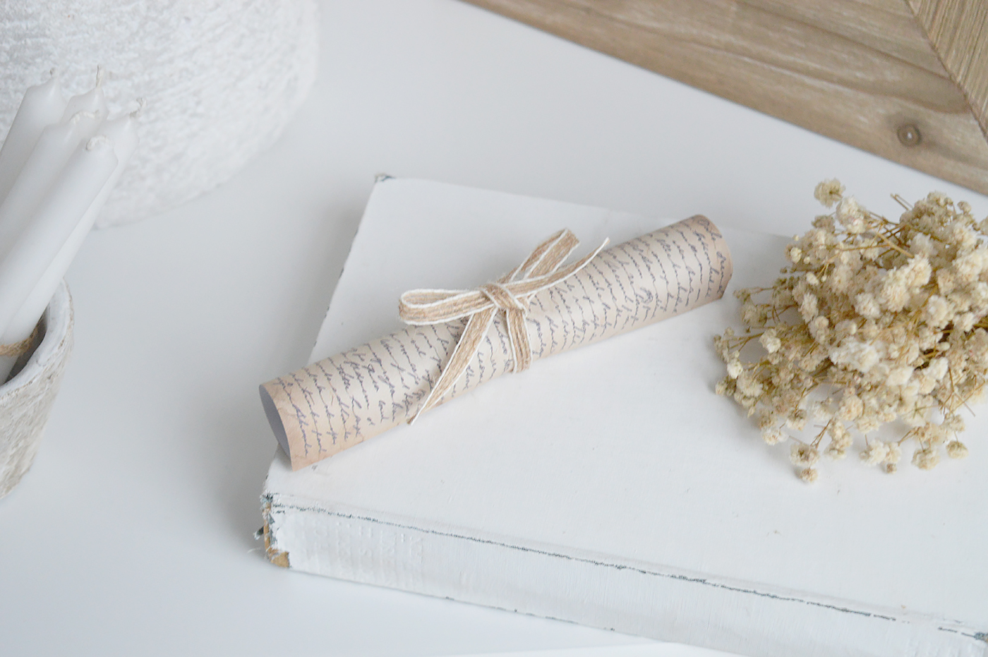 Neutral script scroll accessory for New England style interiors