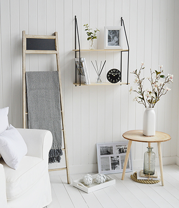 The Hartford Nordic table £28 with Boston Bohemian Wall Shelf £22, Dorchester blanket ladder with a touch of magnolia in the living room