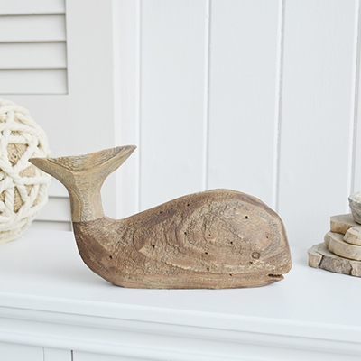 Wooden distressed whale for New England country coastal and farmhouse interiors
