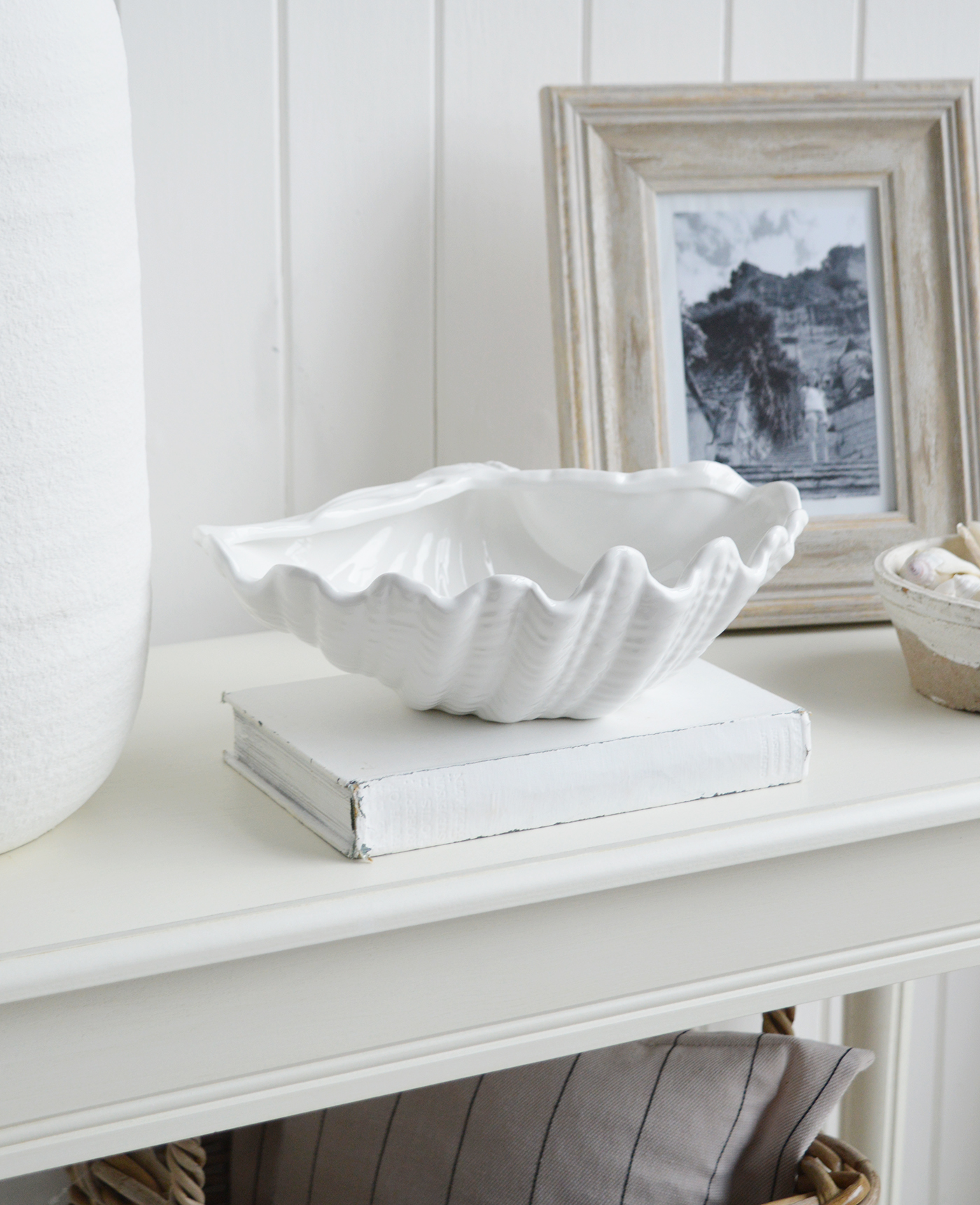 White Ceramic Clam Dish - Hamptons Coastal Console Table Styling and Decor