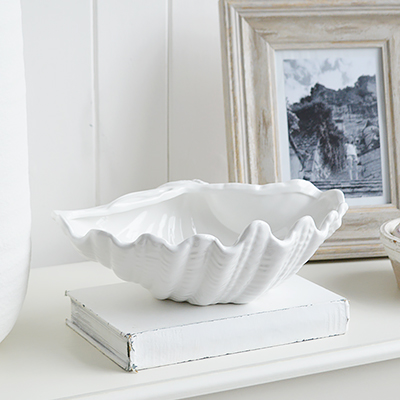 White Ceramic Clam Dish - Hamptons Coastal Console Table Styling and Decor in a white interior