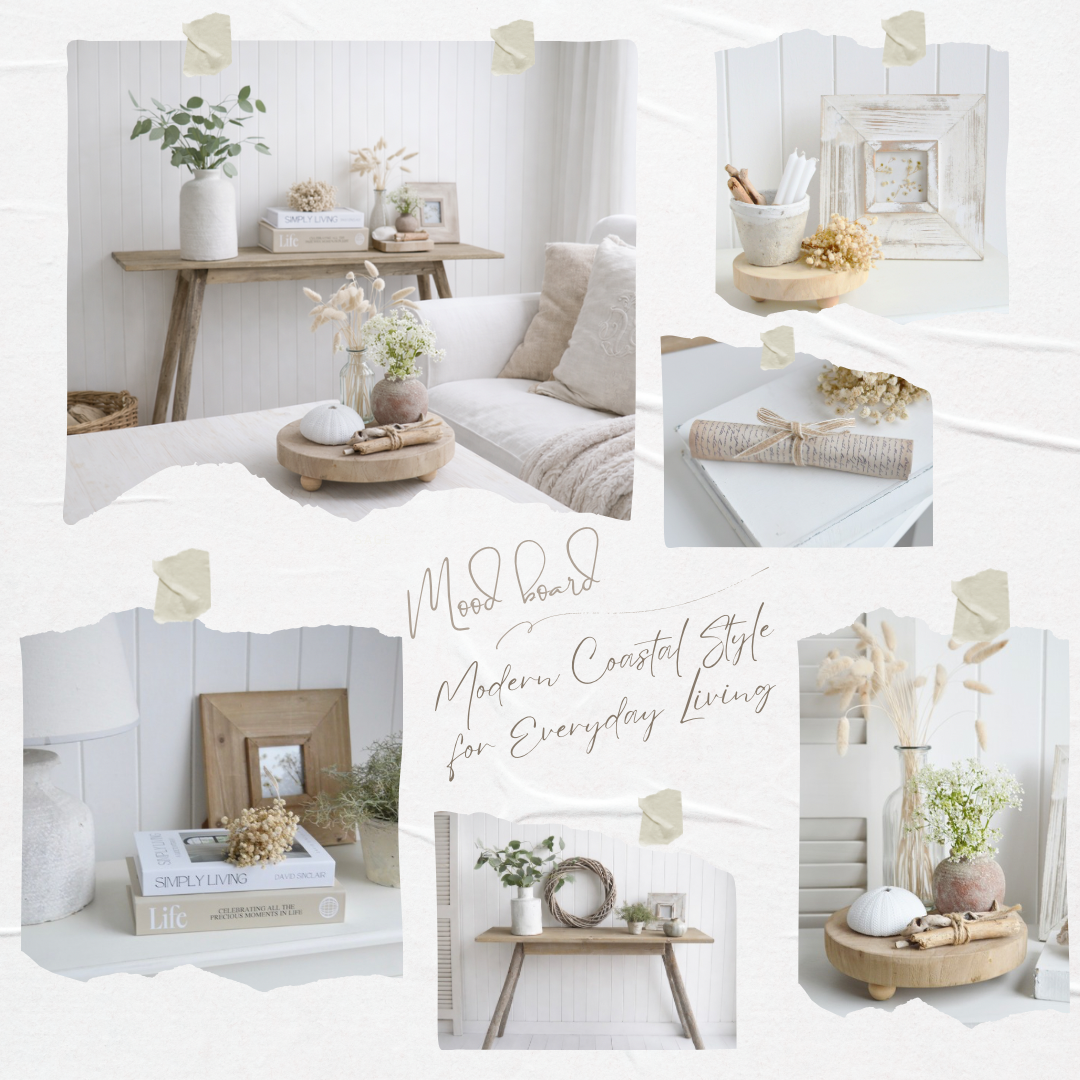 A calm and considered mood board inspired by New England style, bringing together soft neutrals, natural textures and timeless pieces to create relaxed coastal furniture and interiors designed for effortless, everyday living.