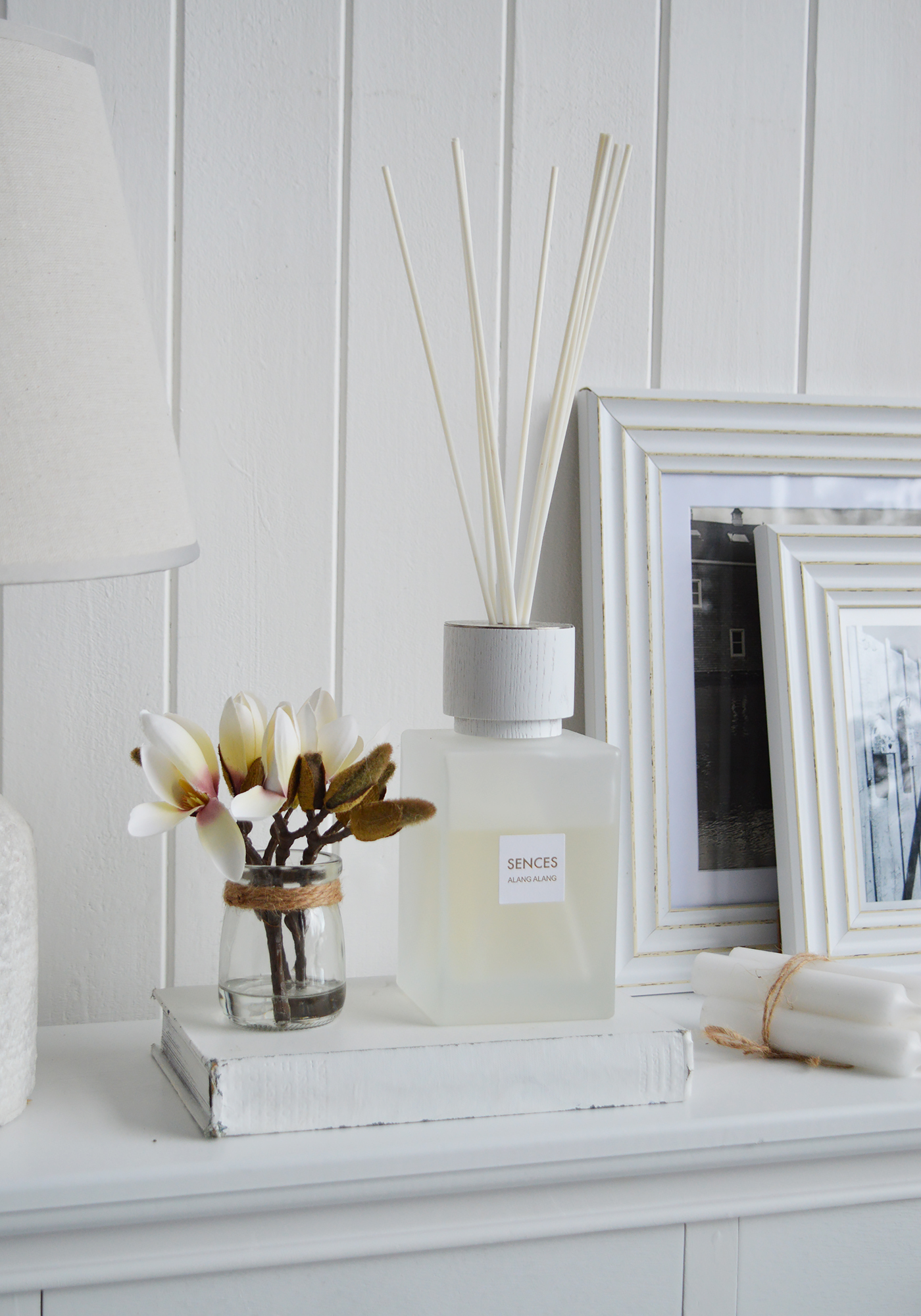 White diffuser , a beautifully sceted room to complement our New Enlgand white homes and interiors for coastal, modern farmhouse and country styles