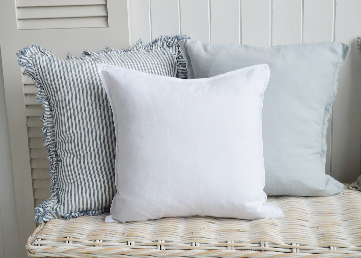 Hamilton white linen cushion cover with shades of blue