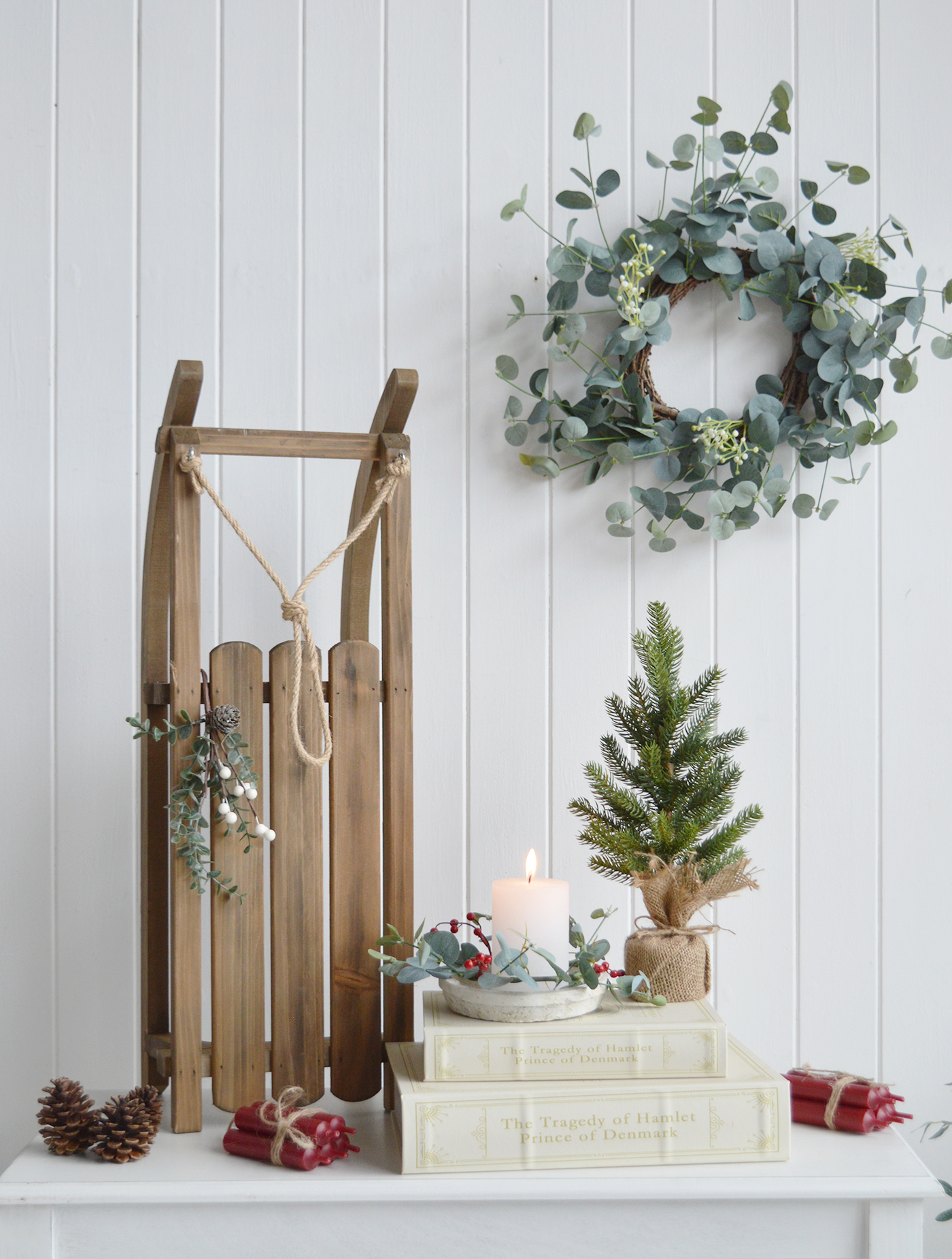 The Decorative wooden sleigh for New England coastal and country style Christmas Decor