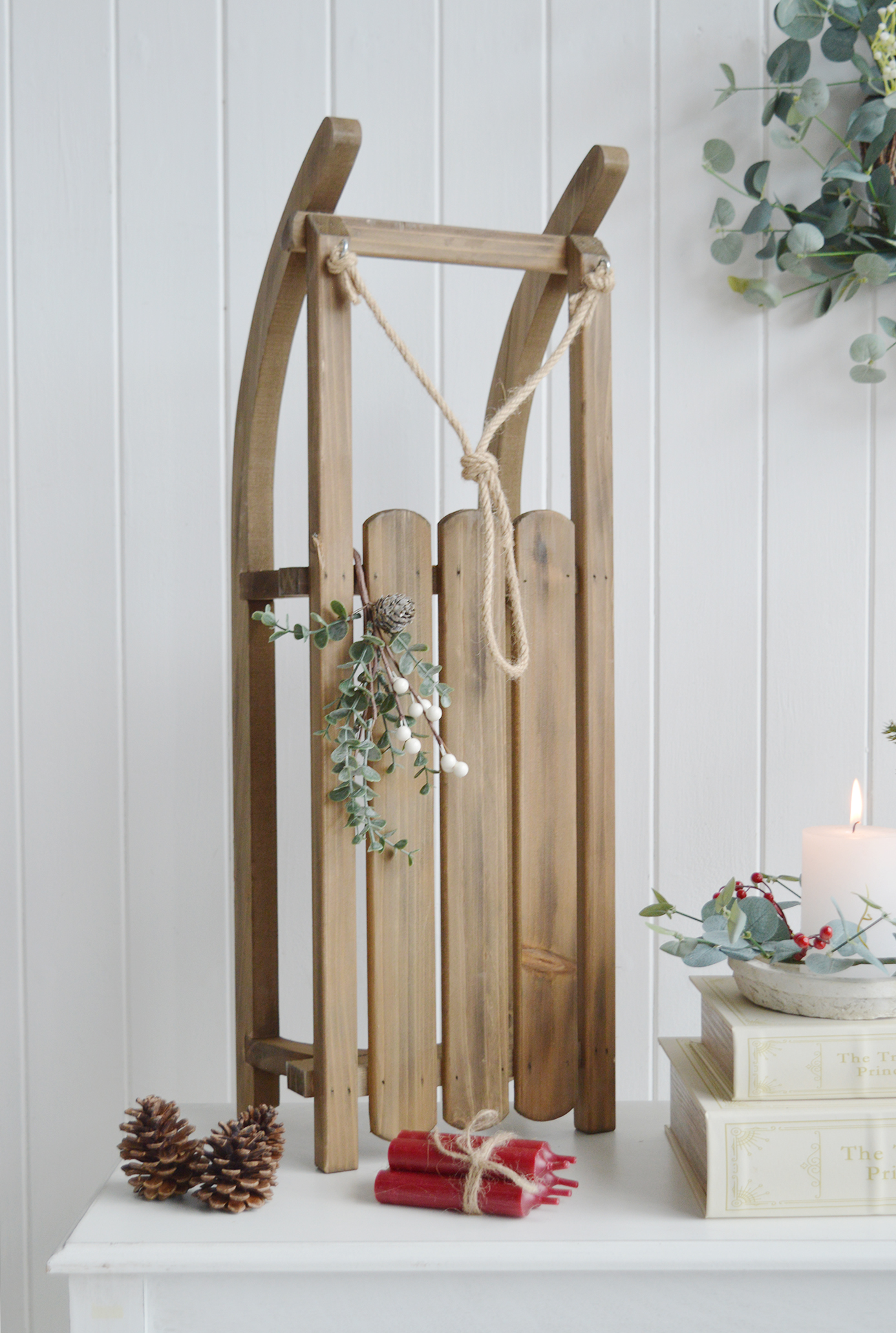 Wooden sleigh for New England ski lodge christmas decor