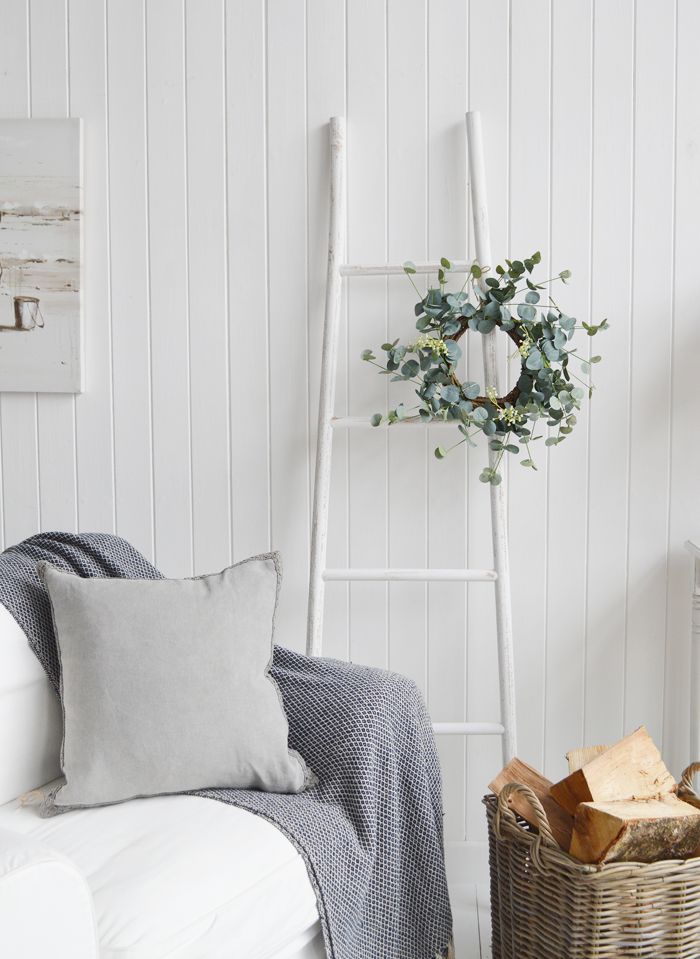 The White Lighthouse. White Furniture and accessories for the home. Artificial greenery Eucalyptus wreath to add greener to a New Enngland style country, coastal or modern farmhouse styled home 