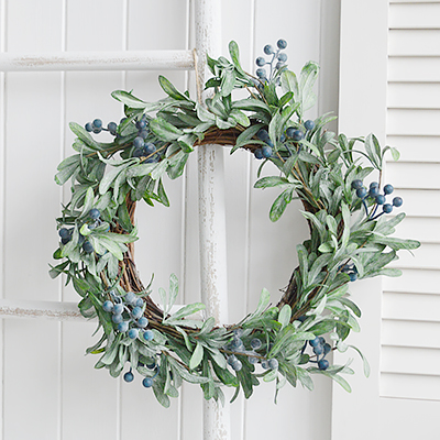 Artificial Blueberry Wreath for New England country, coastal and farmhouse interiors and home