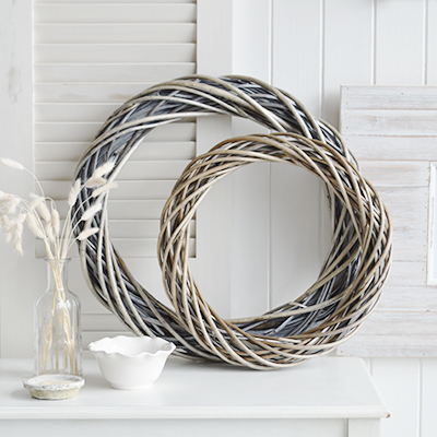 Grey Willow Wreath for a traditional New England look to your room from The White Lighthouse Furniture for the hallway, living room, bedroom and bathroom. Country, coastal and farmhouse home decor