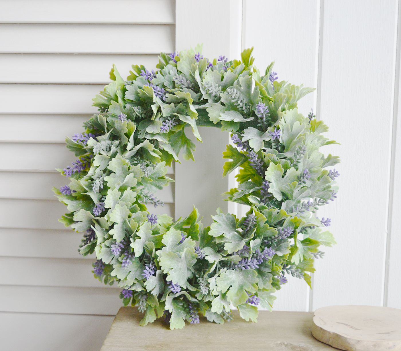 Lavender Wreath for a traditional New England look to your room from The White Lighthouse Furniture for the hallway, living room, bedroom and bathroom. New England coastal, country and farmhouse interiors