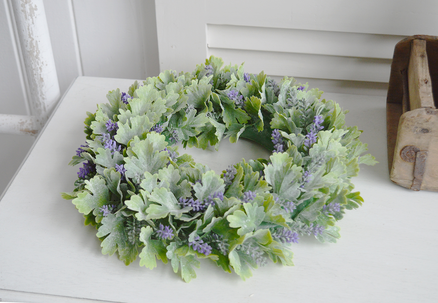Lavender Wreath for a traditional New England look to your room from The White Lighthouse Furniture for the hallway, living room, bedroom and bathroom. New England coastal, country and farmhouse interiors