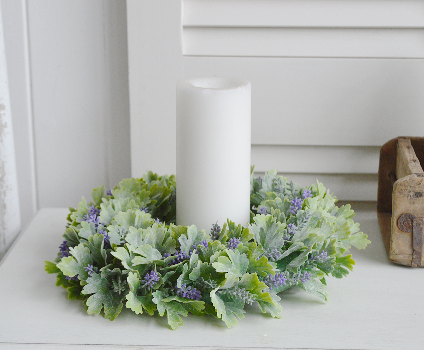 Lavender Wreath for a traditional New England look to your room from The White Lighthouse Furniture for the hallway, living room, bedroom and bathroom. New England coastal, country and farmhouse interiors