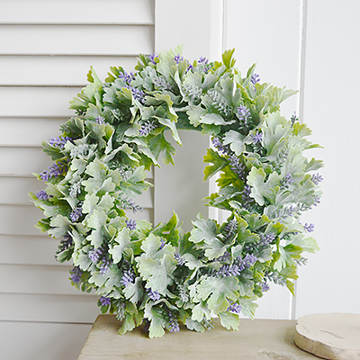 White Furniture and accessories for the home. Artificial greenery Lavender wreath