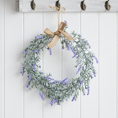 White Furniture and accessories for the home. faux greenery Lavender wreath for modern farmhouse, country and coastal homes and interiors