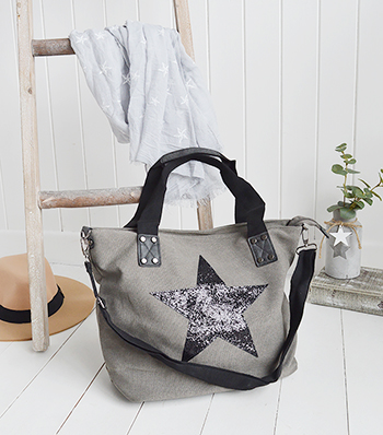 Light Grey Star Canvas Bag from The White Lighthouse New England Country Coastal White and Nordic furniture - with driftwood ladder