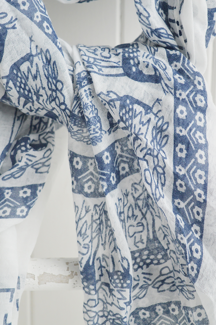Blue and white scarf from The White Lighthouse. New England, coastal country and white furniture, home decor interiors and lifestyle