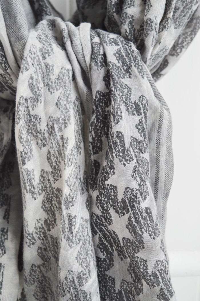 Grey and black stars scarf from The White Lighthouse. New England, coastal country and white furniture, home decor interiors and lifestyle