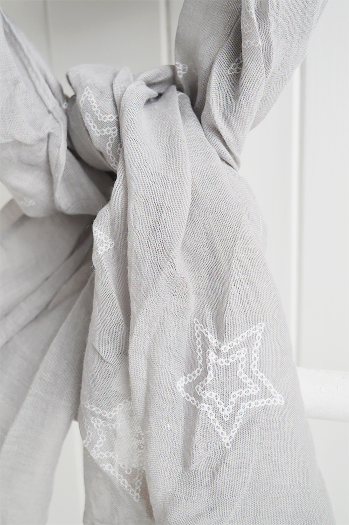 Grey and white stars scarf from The White Lighthouse. New England, coastal country and white furniture, home decor interiors and lifestyle