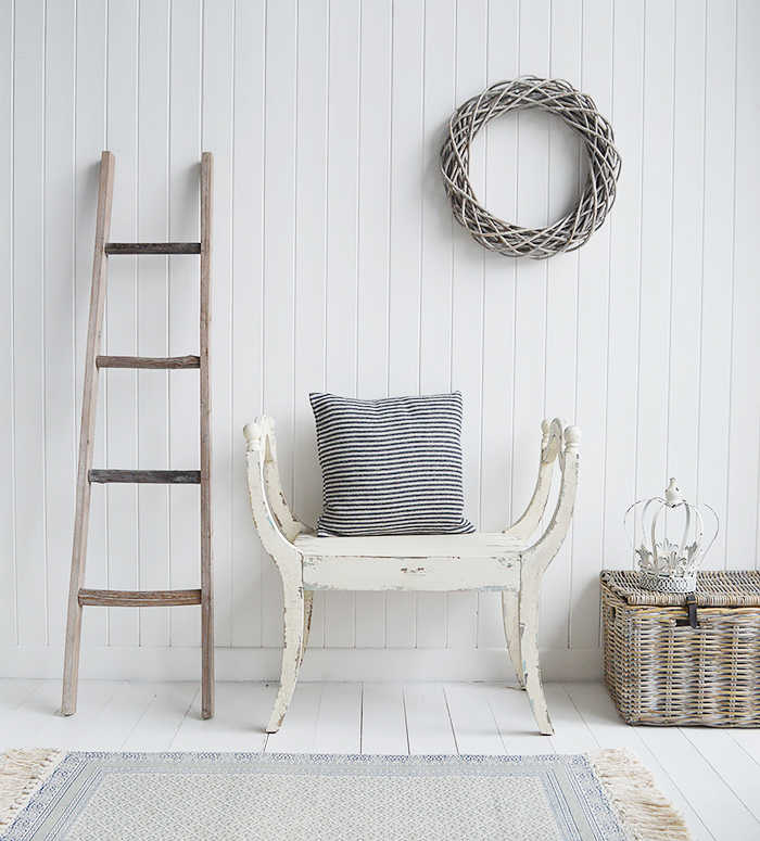 The Provincetown white distressed bench seat.Bedroom : Add to the end of your bed or under a window for a dramatic look to your bedroom    Hallway: A perfect hallway bench, place near the door for a seat to put on shoes and boots    Living Room: Under a window or against a wall, the Provincetown seat makes a wonderful statement