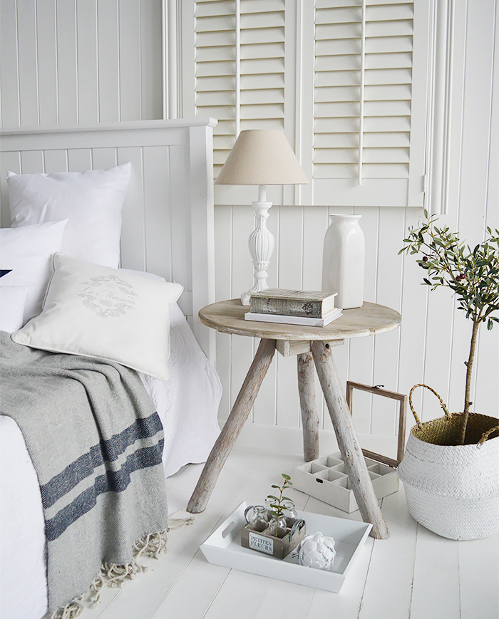 Drfitwood grey wooden bedside table for coastal inspired bedroom
