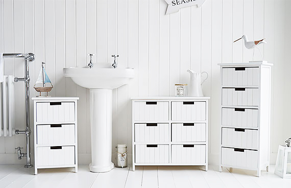 Brighton white bathroom storage furniture for coastal style bathrooms