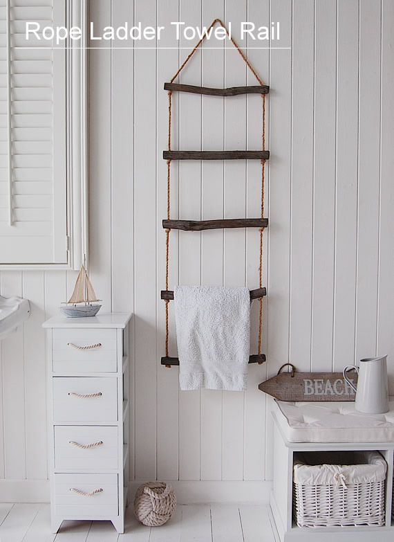 A uniquw way of storing towels with this rope towel ladder Rope towel rail for a nautical themed bathroom