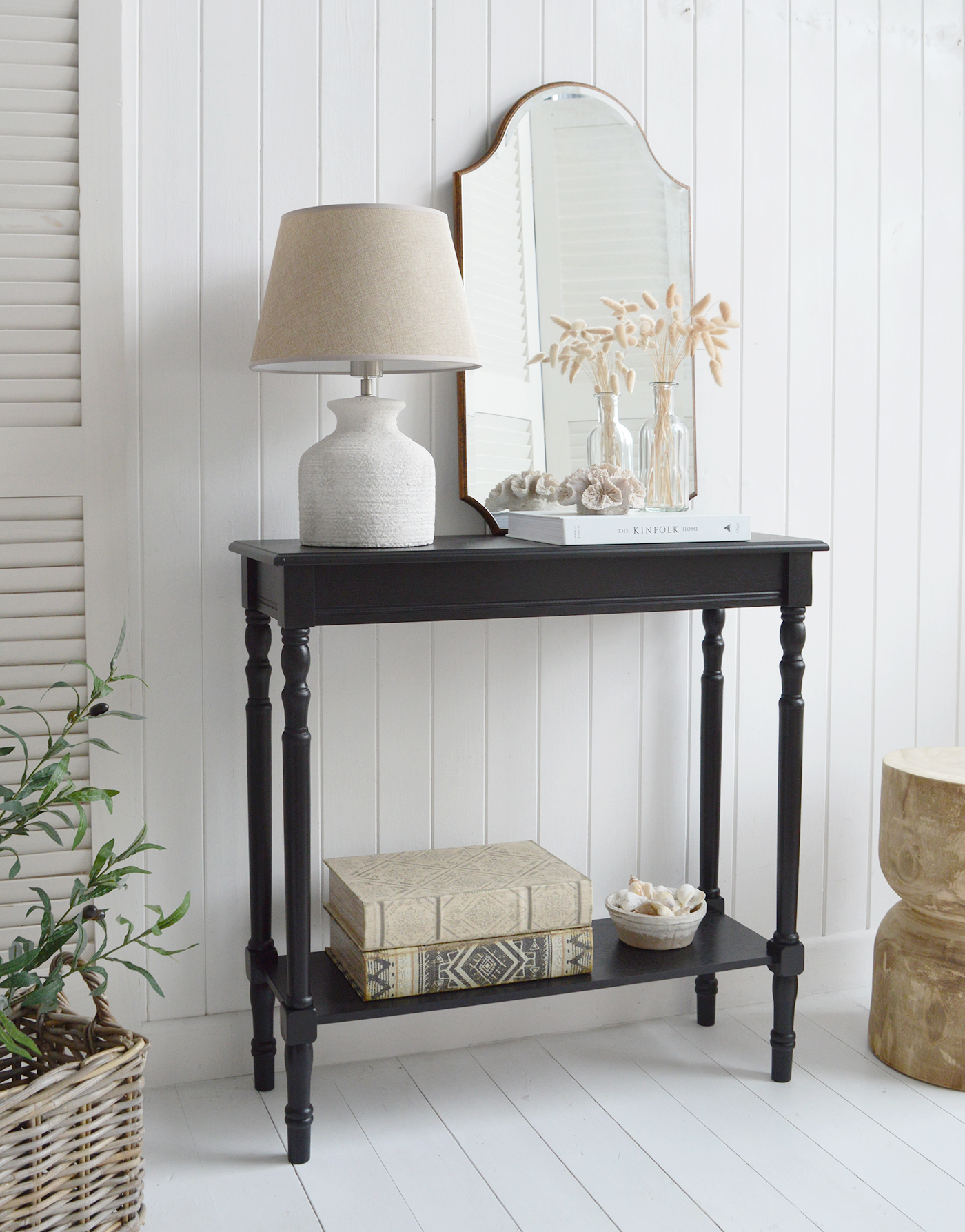 Ashby black furniture. A black console table with a shelf. A small Console Table for Coastal, Beach House Modern Farmhouse and Country Homes and Interiors, perfect for hallways, living rooms and bedroom furniture