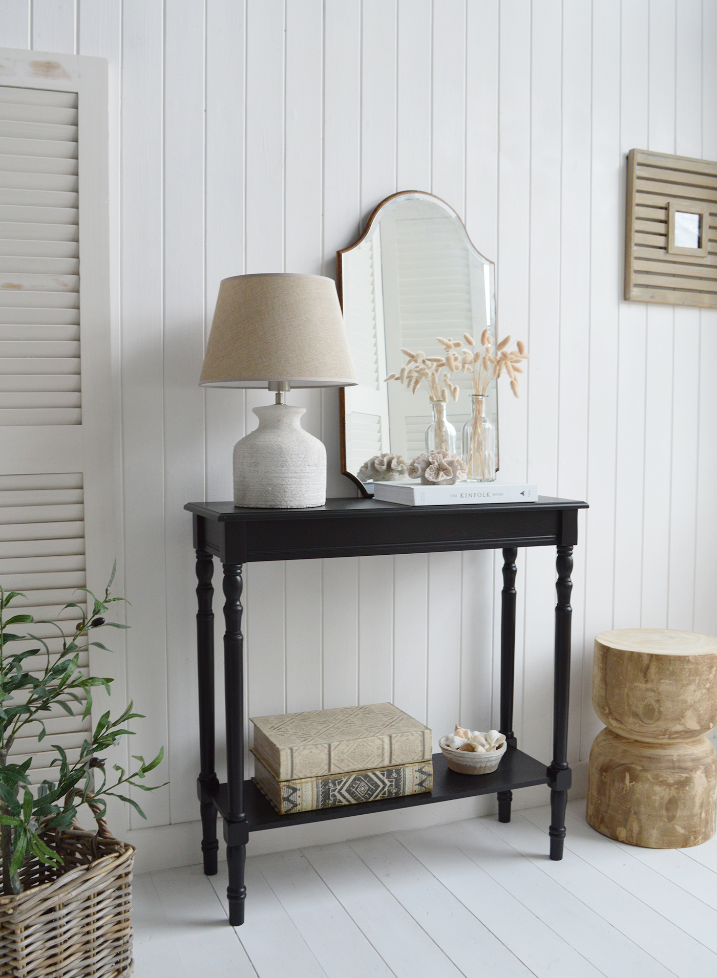 Ashby black furniture. A black console table with a shelf. A small Console Table for Coastal, Beach House Modern Farmhouse and Country Homes and Interiors, perfect for hallways, living rooms and bedroom furniture