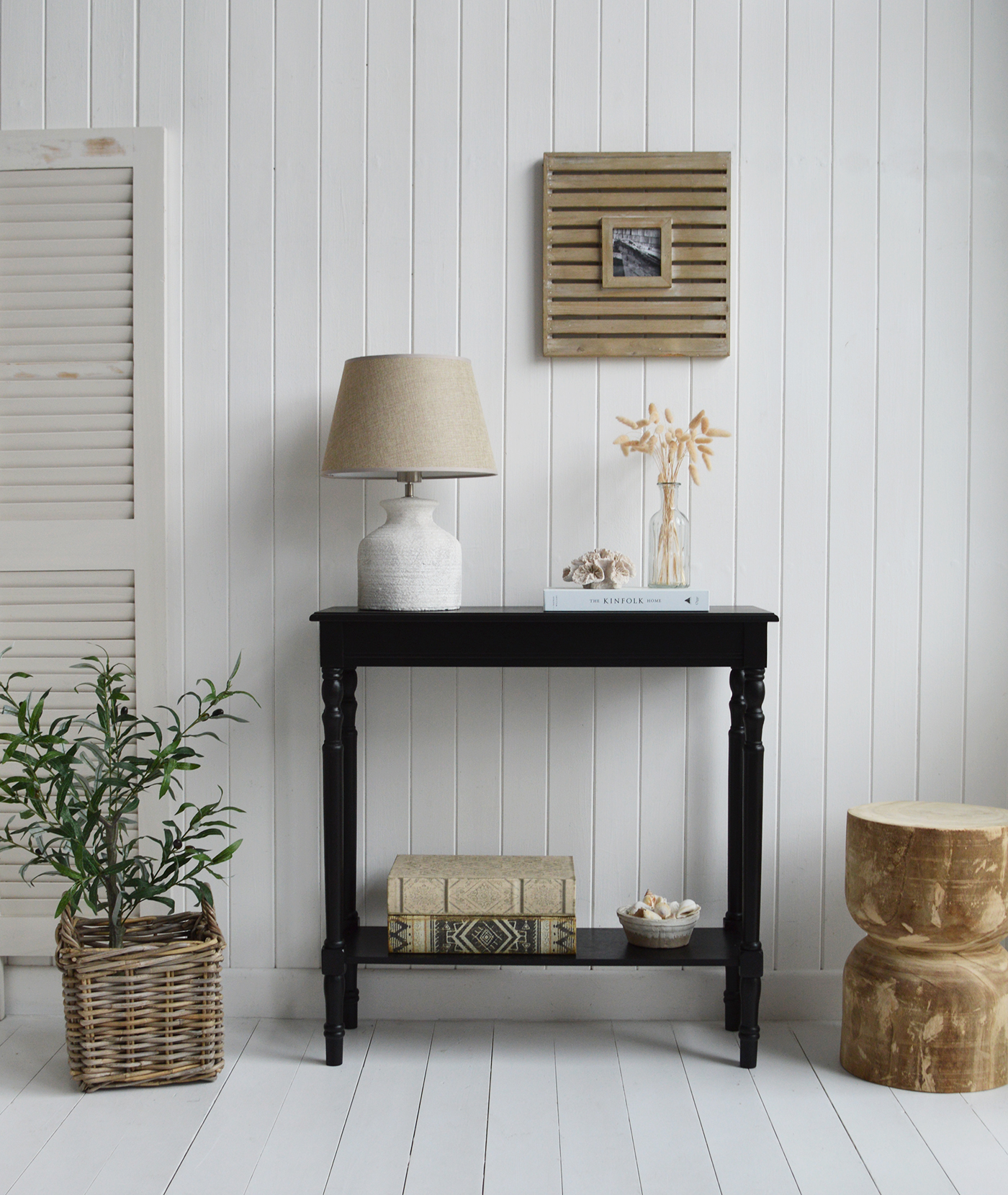 Ashby black furniture. A black console table with a shelf. A small Console Table for Coastal, Beach House Modern Farmhouse and Country Homes and Interiors, perfect for hallways, living rooms and bedroom furniture