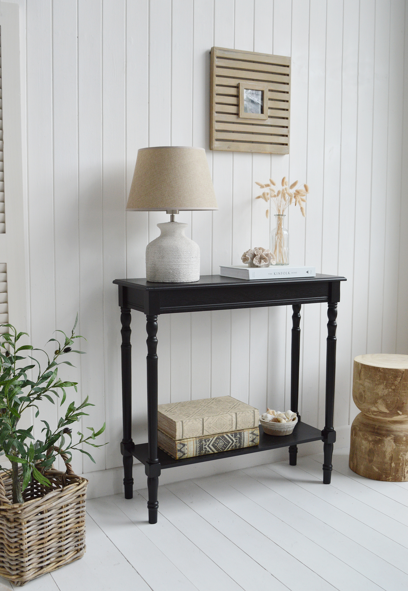 Ashby black furniture. A black console table with a shelf. A small Console Table for Coastal, Beach House Modern Farmhouse and Country Homes and Interiors, perfect for hallways, living rooms and bedroom furniture