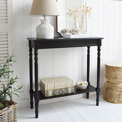 Ashby black furniture. A black console table with a shelf. A small Console Table for Coastal, Beach House Modern Farmhouse and Country Homes and Interiors, perfect for hallways, living rooms and bedroom furniture