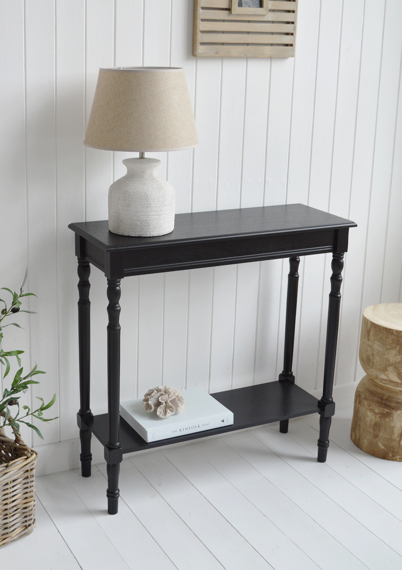 Ashby black furniture. A black console table with a shelf. A small Console Table for Coastal, Beach House Modern Farmhouse and Country Homes and Interiors, perfect for hallways, living rooms and bedroom furniture