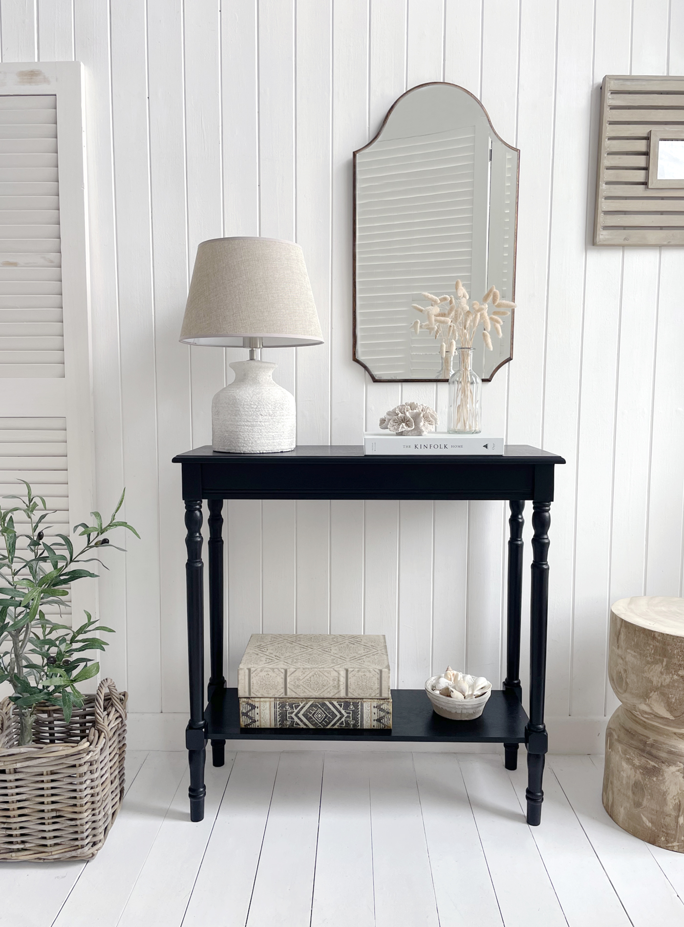 Ashby black furniture. A black console table with a shelf. A small Console Table for Coastal, Beach House Modern Farmhouse and Country Homes and Interiors, perfect for hallways, living rooms and bedroom furniture