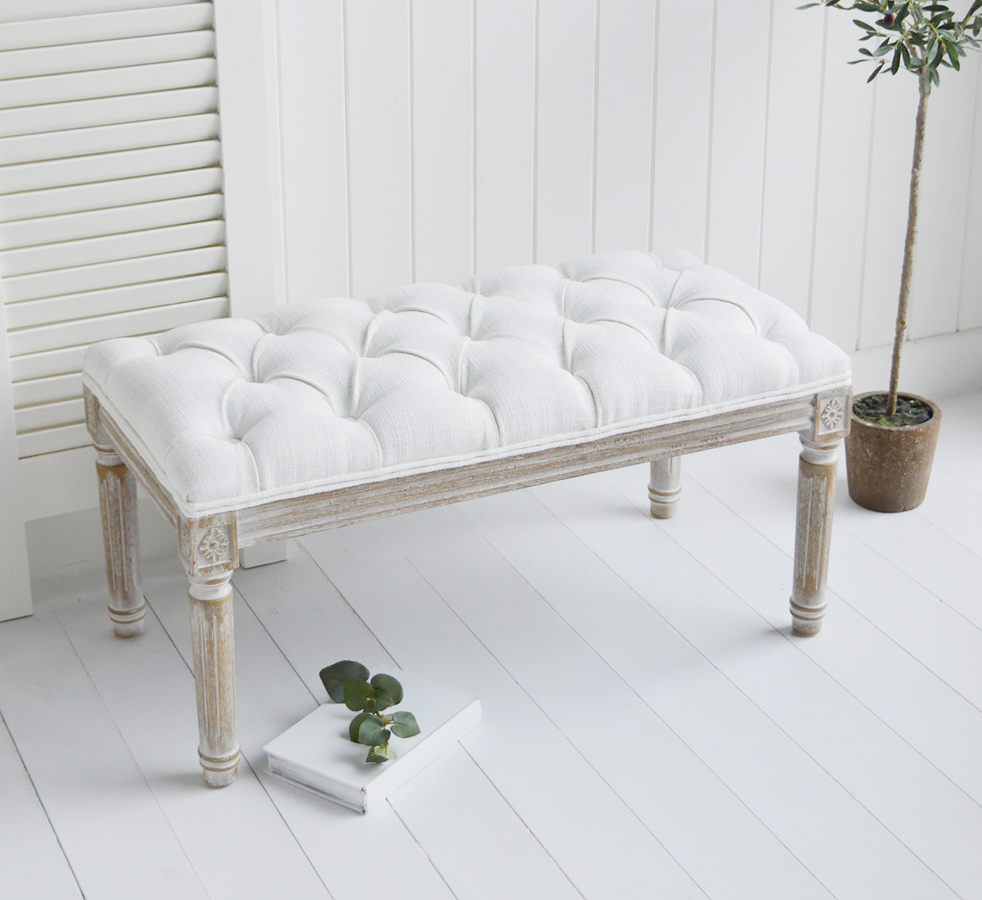 The White Lighthouse Hallway furniture New England, Coastal Country and City. Charleston white washed upholstered bench seat