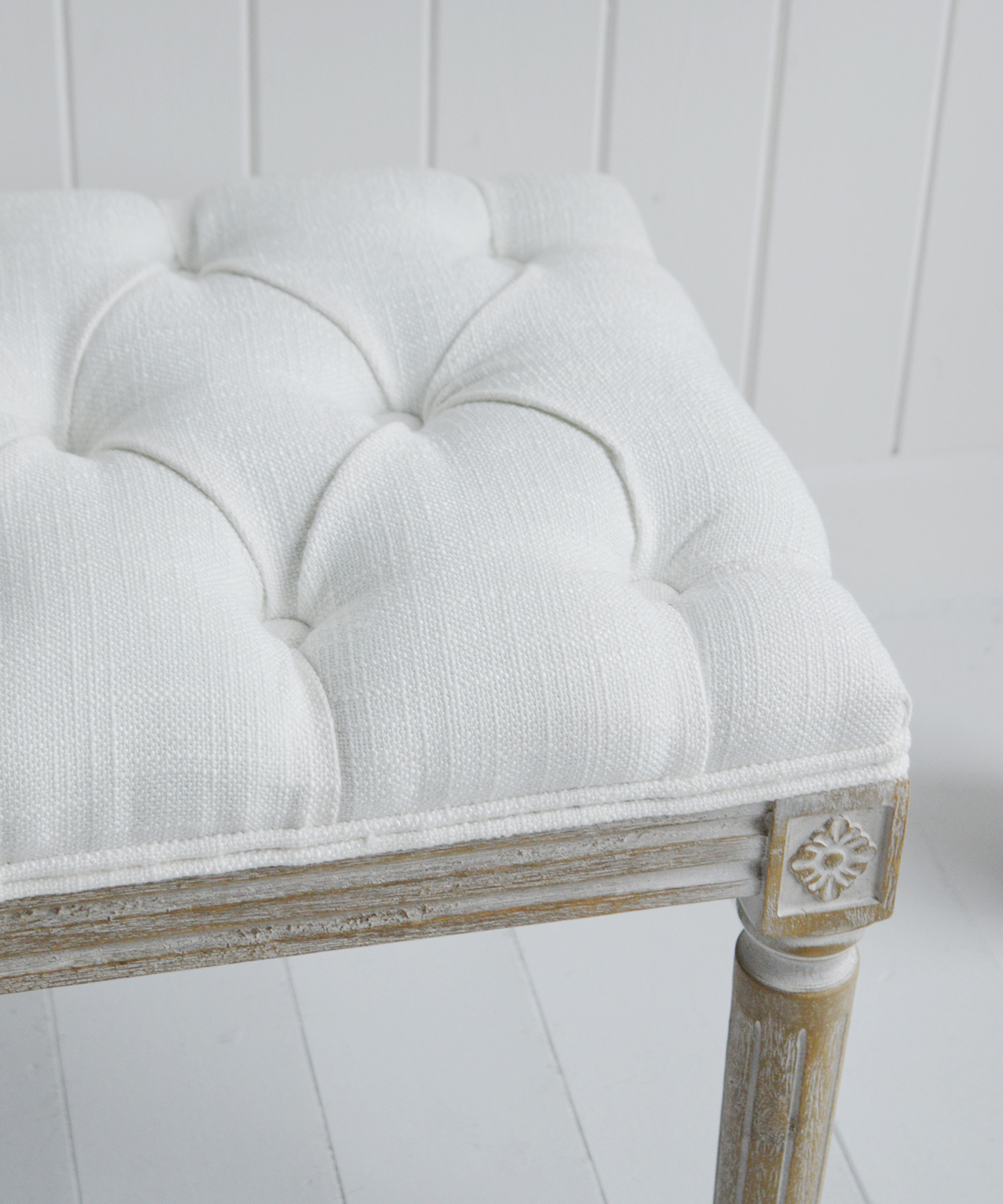 The White Lighthouse Hallway furniture New England, Coastal Country and City. Charleston white washed upholstered bench seat