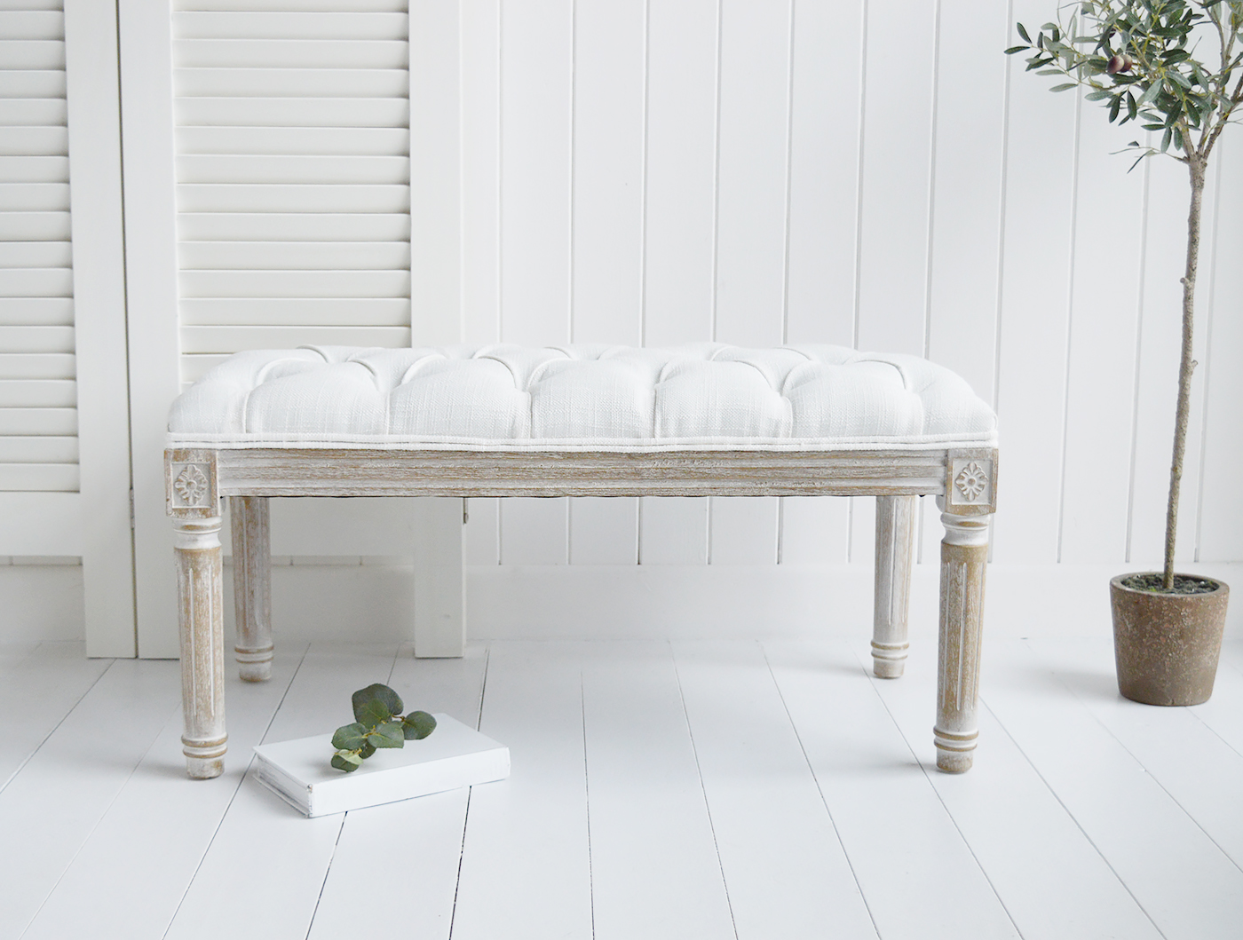 The White Lighthouse Hallway furniture New England, Coastal Country and City. Charleston white washed upholstered bench seat