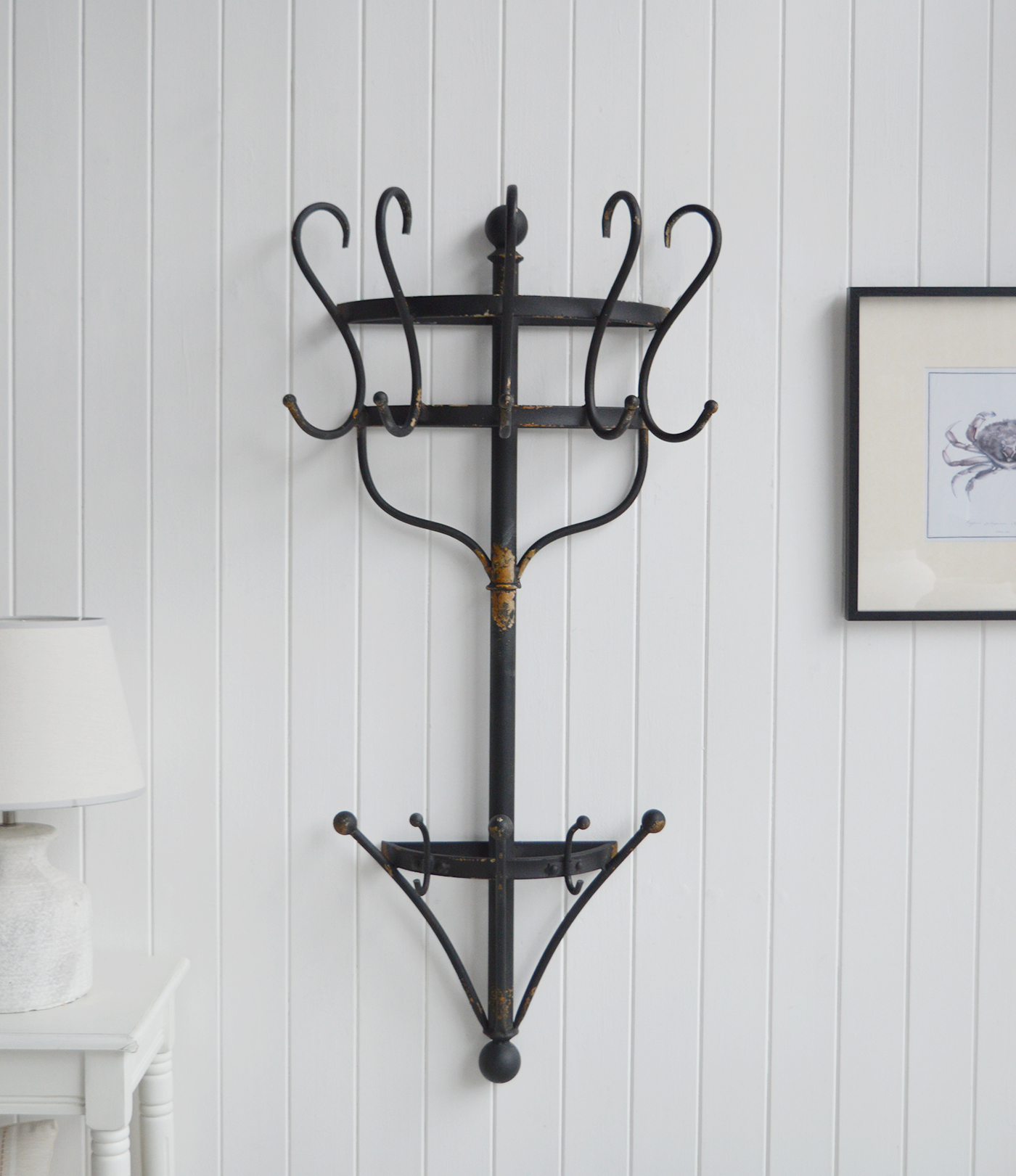 The Brentwood metal coat rack brings practical storage and vintage character to coastal interiors.This wall-mounted coat rack is ideal for organising coats, hats, scarves and bags in a hallway or boot room