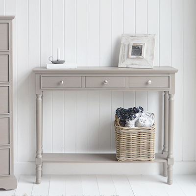 Bristol narrow 24cm vintage grey hallway console table with drawers and shelf - Hallway furniture for New England modern country, farmhouse and coastal furniture and interiors
