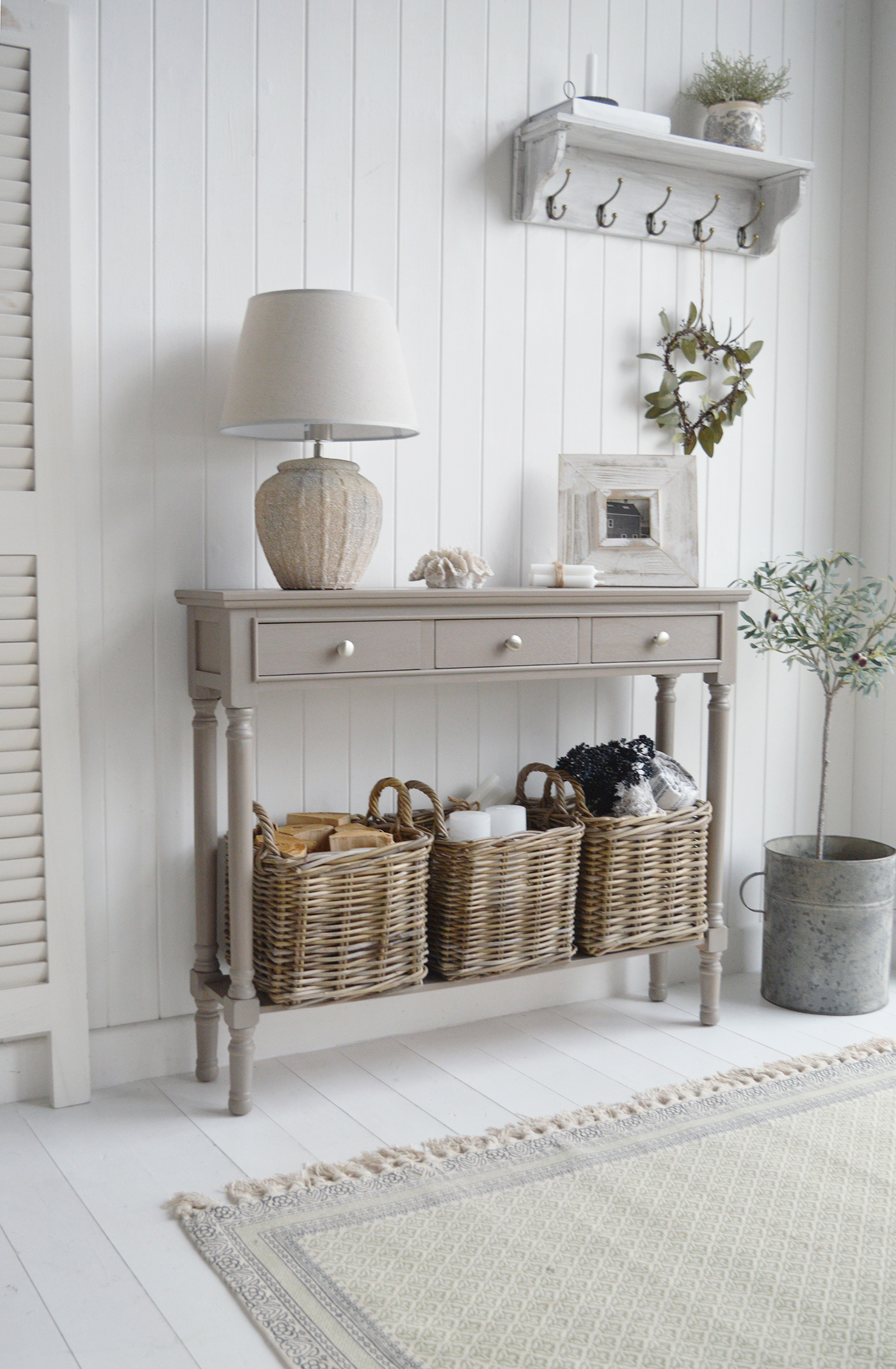 Bristol narrow 24cm vintage grey hallway console table - New England modern country, farmhouse and coastal furniture and interiors