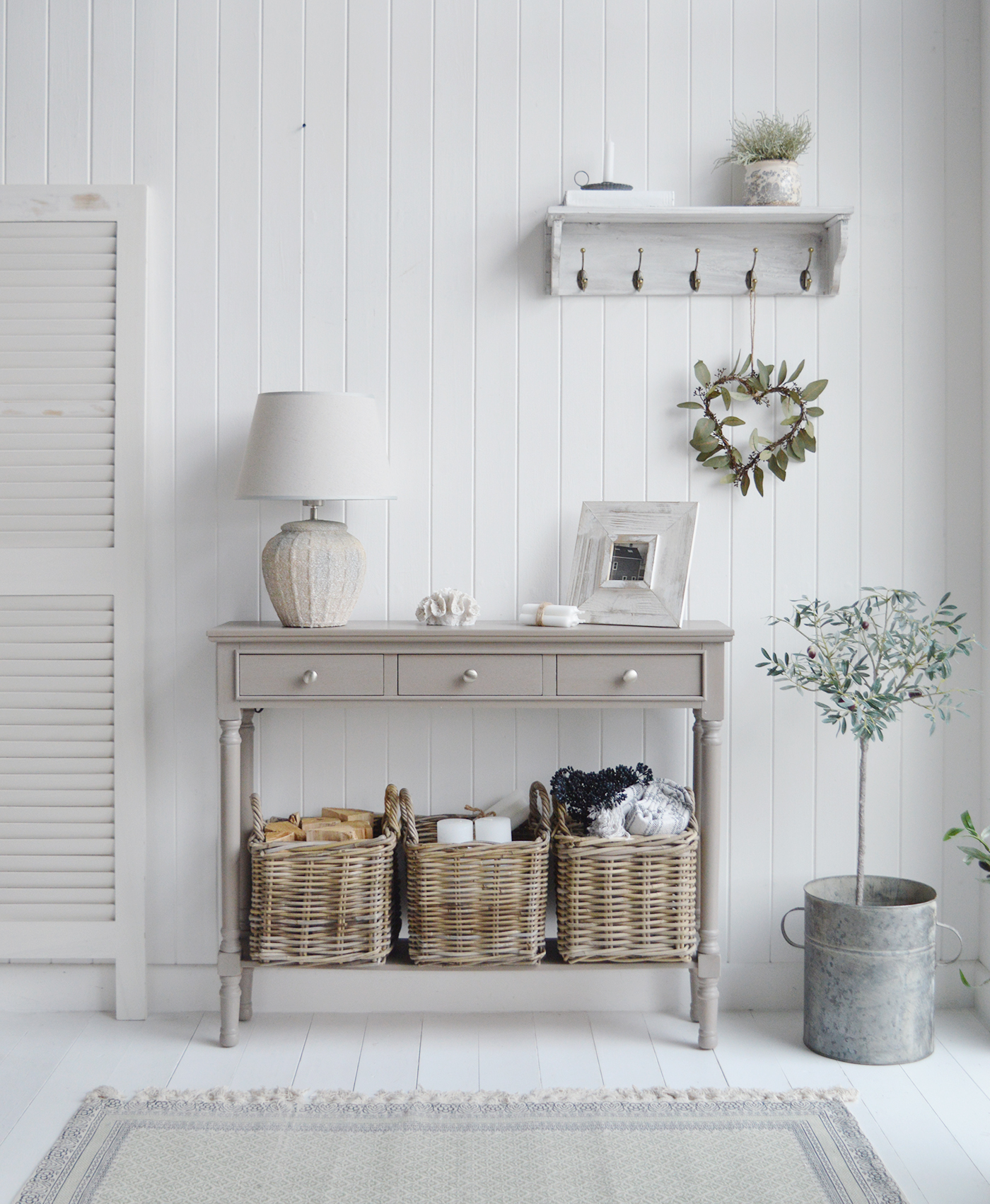 Bristol narrow 24cm vintage grey hallway console table - New England modern country, farmhouse and coastal furniture and interiors