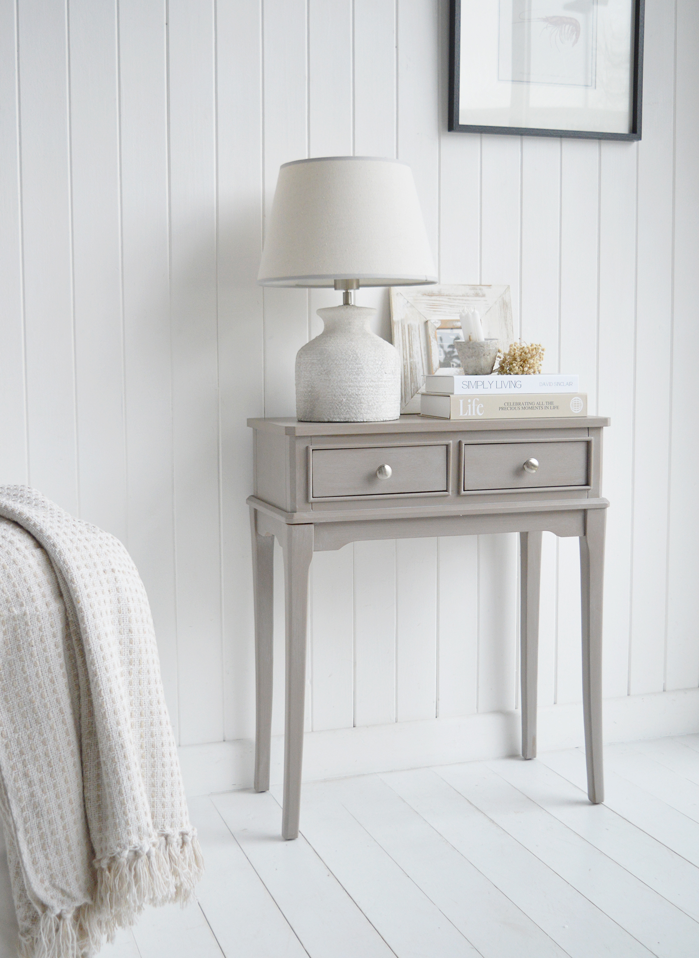 A versatile grey console table for hallways and bedrooms, perfectly suited to coastal interiors, neutral decor and New England inspired homes.