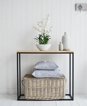 Our Brooklyn narrow console hall table at only 28cm deep wide for small hallway furniture