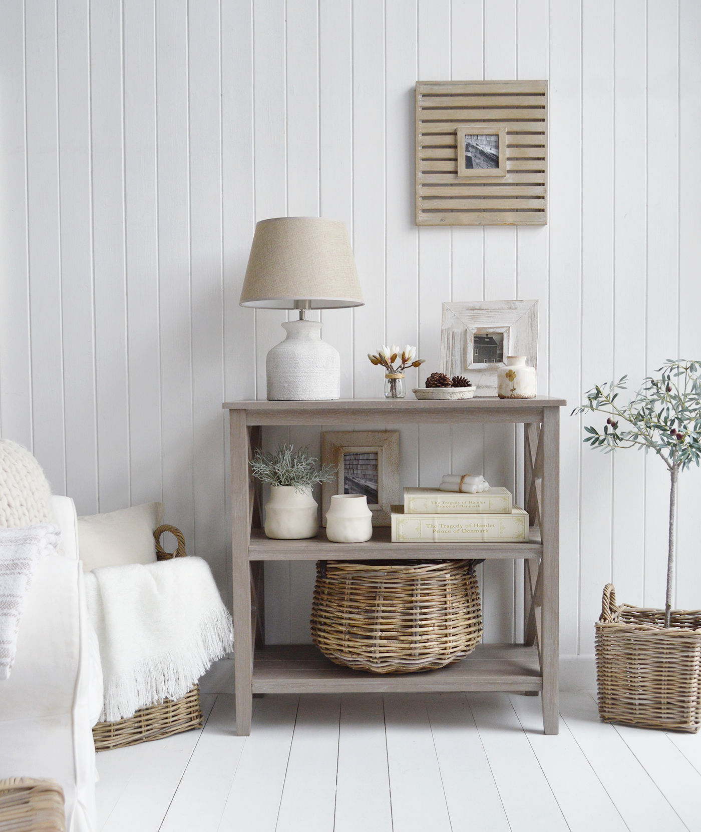 Cambridge cosole table in driftwood grey 81cm wide with 2 shleves perfectly suited in a coastal style home